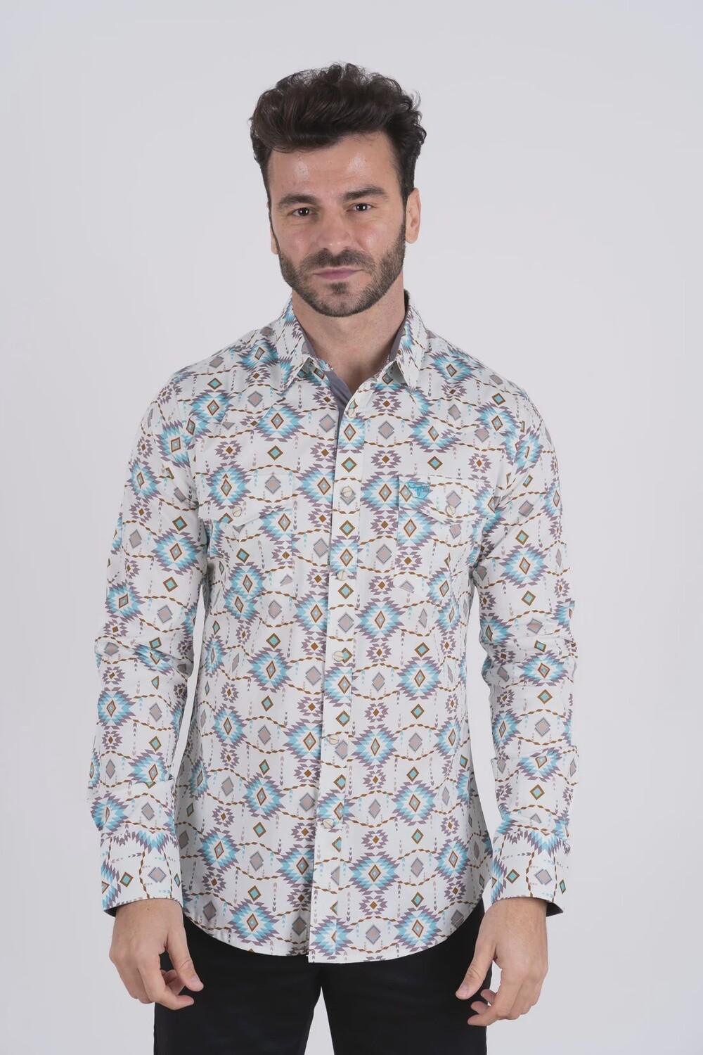 Men's Platini Cotton White Aztec Digital Print Dress Shirt AZL9080