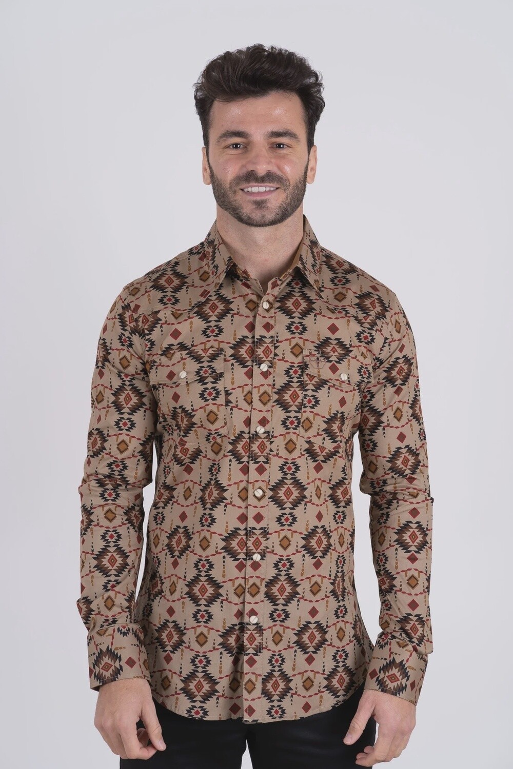Men's Platini Cotton Khaki Aztec Digital Print Dress Shirt AZL9081