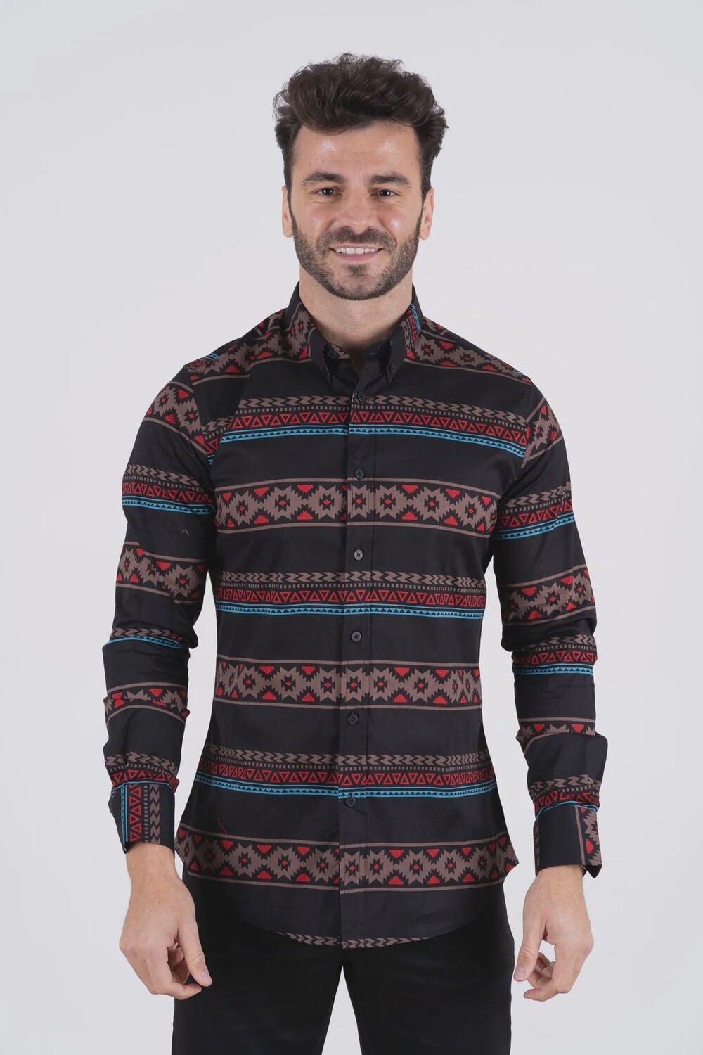 Men's Platini Cotton Black Aztec Digital Print Dress Shirt CWL9066