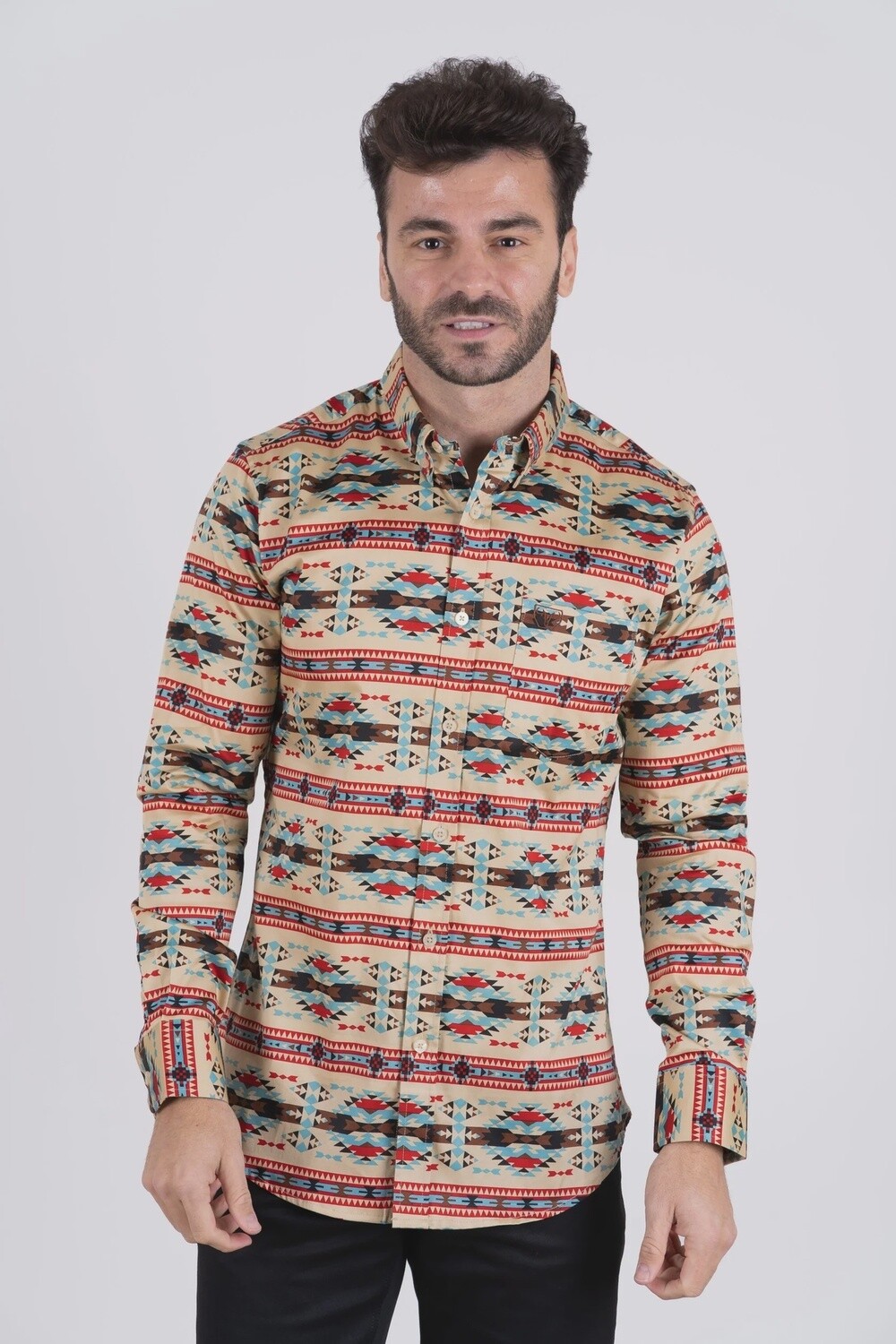 Men's Platini Cotton Beige Aztec Digital Print Dress Shirt CWL9076