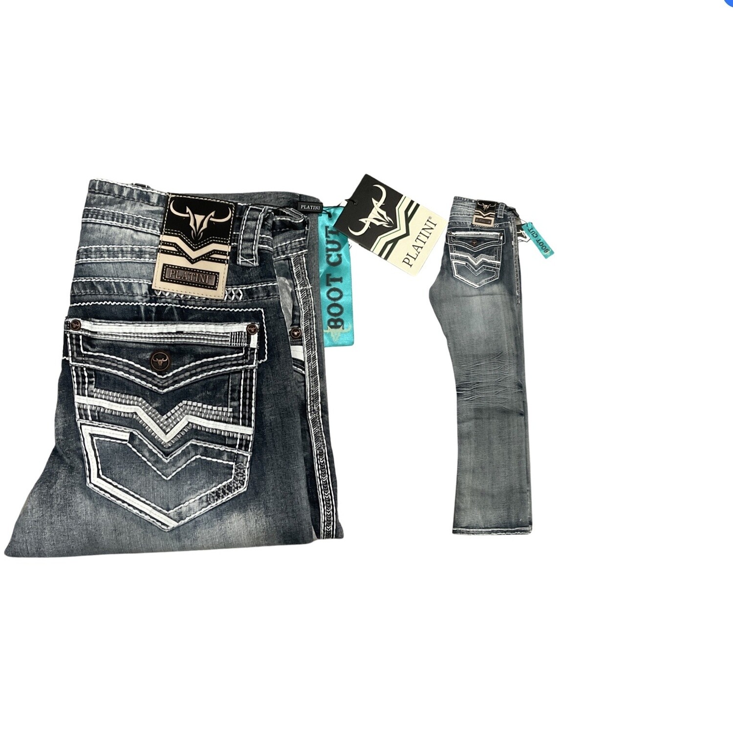 PLATINI MEN’S SLIM BOOT CUT JEANS PHD9213, Colour: STONE WASH, Size: 29x30