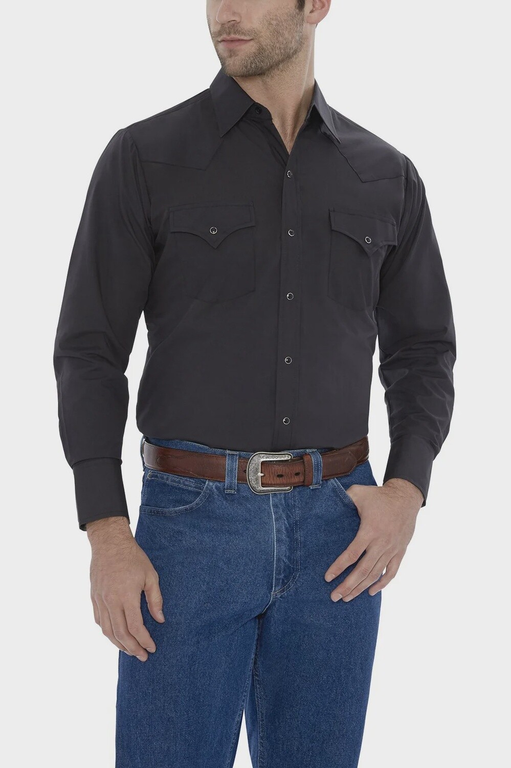 MENS LONG SLEEVE SOLID WESTERN SHIRT STYLE 15201905-89, Colour: BLACK, Size: S