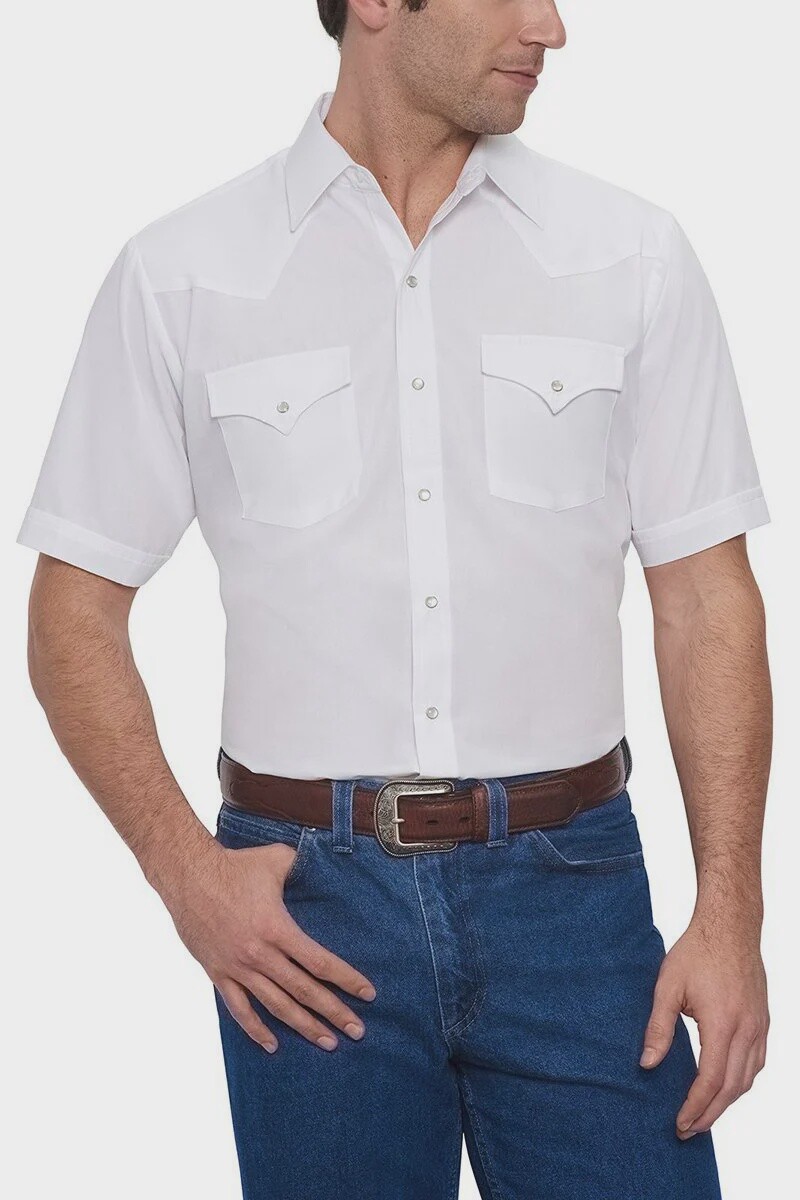 MENS SHORT SLEEVE SOLID WESTERN SHIRT STYLE 15201605-01, Colour: WHITE, Size: S