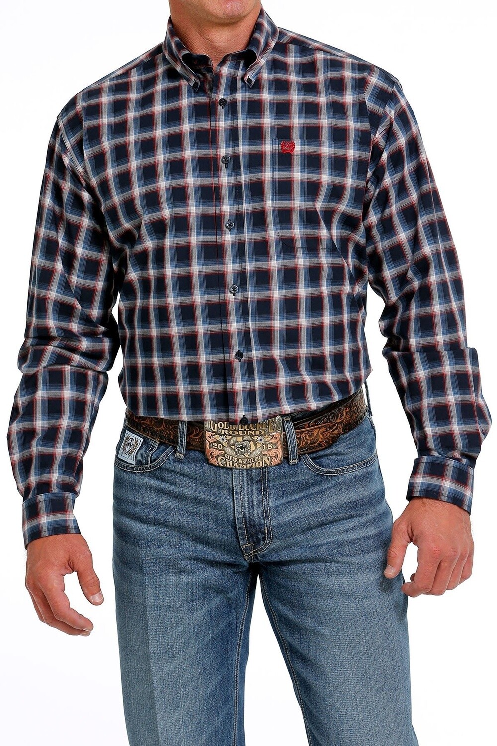MEN'S PLAID BUTTON-DOWN WESTERN SHIRT -  NAVY / RED / CREAM MTW1105624, Colour: NAVY, Size: XS