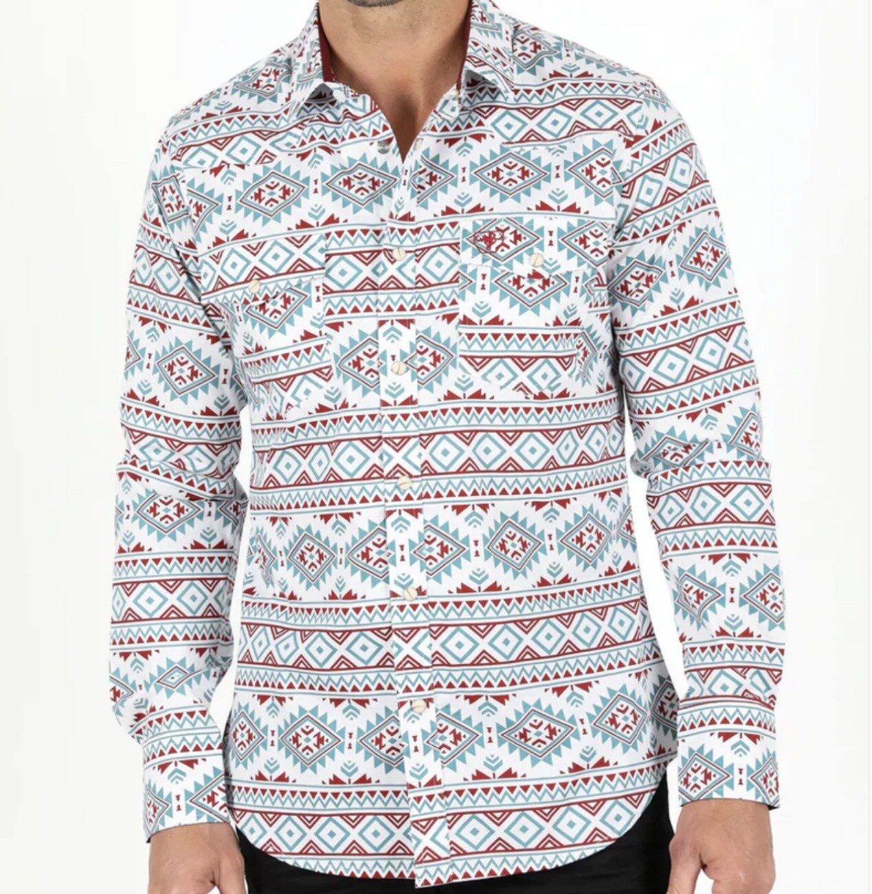 PLATINI MENS COTTON AZTEC PRINT DRESS SHIRT - AZL9281, Colour: WHITE, Size: S
