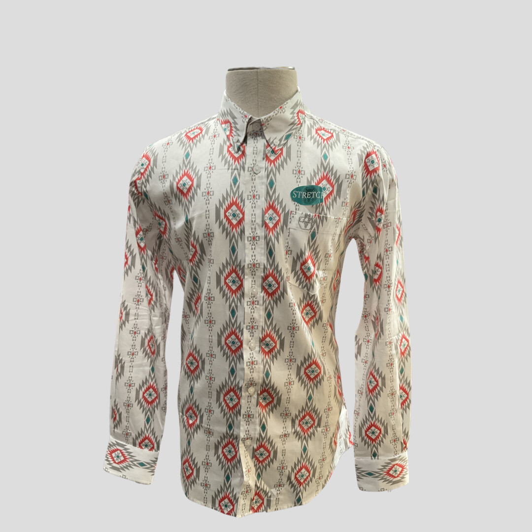 PLATINI MENS LEGENDARY COTTON SPANDEX AZTEC PRINT MODERN FIT SHIRT - CWL9486, Colour: WHITE, Size: S