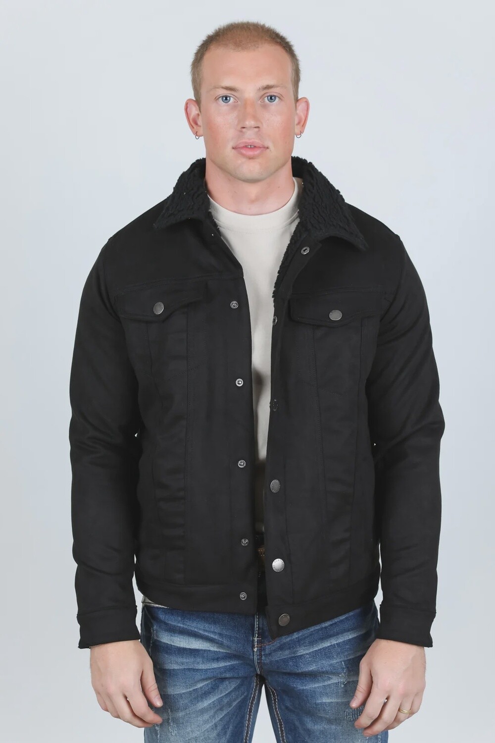 Mens Sherpa Lined Faux Suede Jacket - Black DMJ9426, Colour: BLACK, Size: S