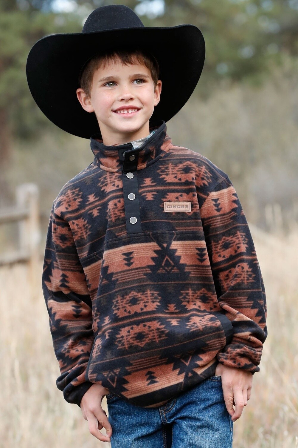 CINCH BOY'S SOUTHWESTERN PRINT POLAR FLEECE PULLOVER - MWK7590014, Colour: BLACK, Size: XS/4