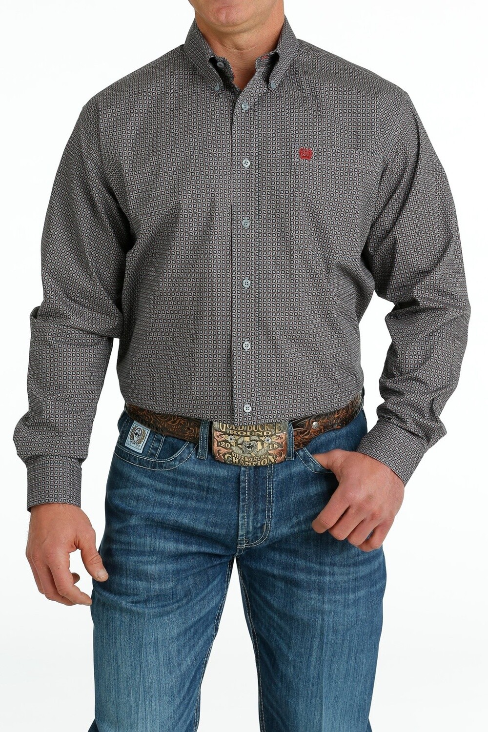 CINCH MEN'S GEOMETRIC PRINT BUTTON-DOWN WESTERN SHIRT -MTW1105650, Colour: GRAY / RED, Size: XS