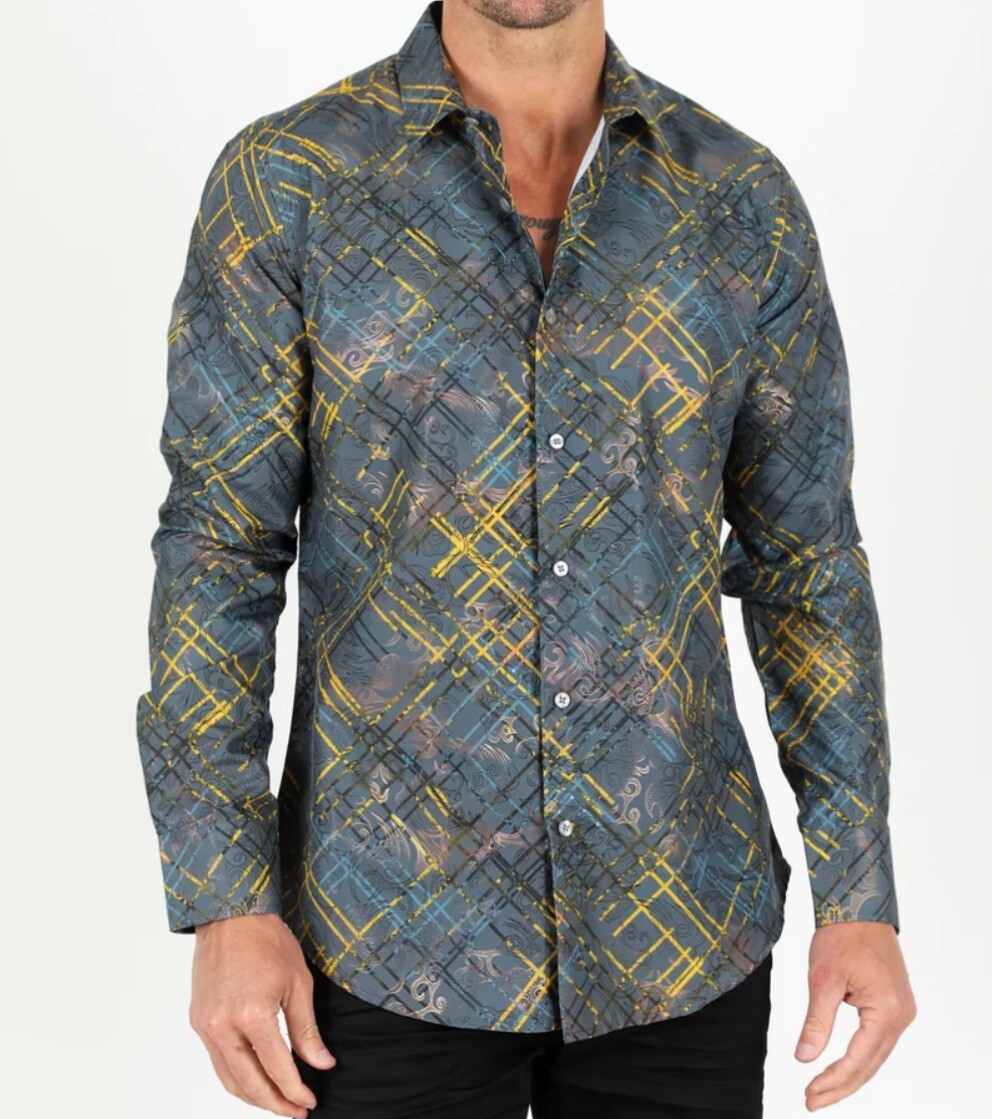 PLATINI MENS FOIL MODERN FIT SPANDEX SHIRT - FPL9616, Colour: GREY, Size: S