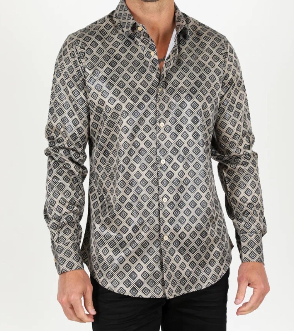 PLATINI MENS MODERN FIT STRETCH AZTEC FOILED SHIRT - AFL9530, Colour: KHAKI, Size: S