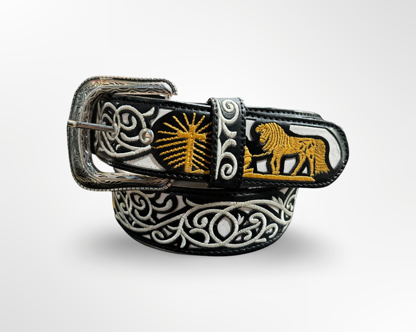 MENS EMBROIDERED HORSE BELT, Colour: WHITE/GOLD, Size: 32