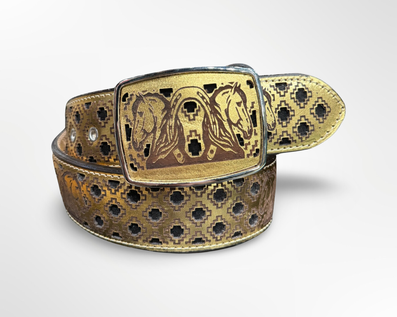 CINTO VAQUERO HERRADURA CON CABALLOS 2”, Colour: ORO, Size: 32
