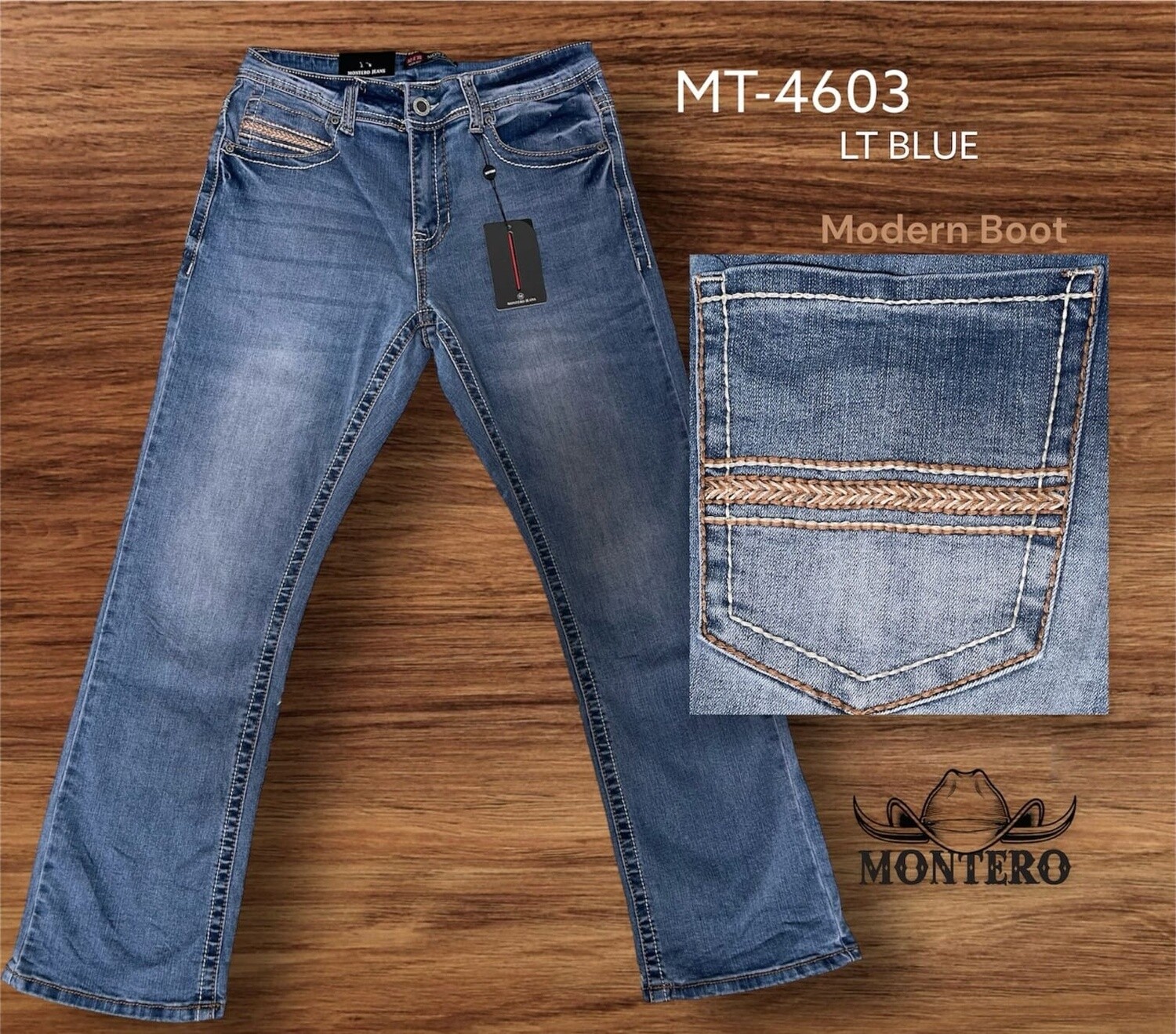 MENS MONTERO MODERN FIT BOOT CUT JEANS MT4603, Colour: LT BLUE, Size: 28/30