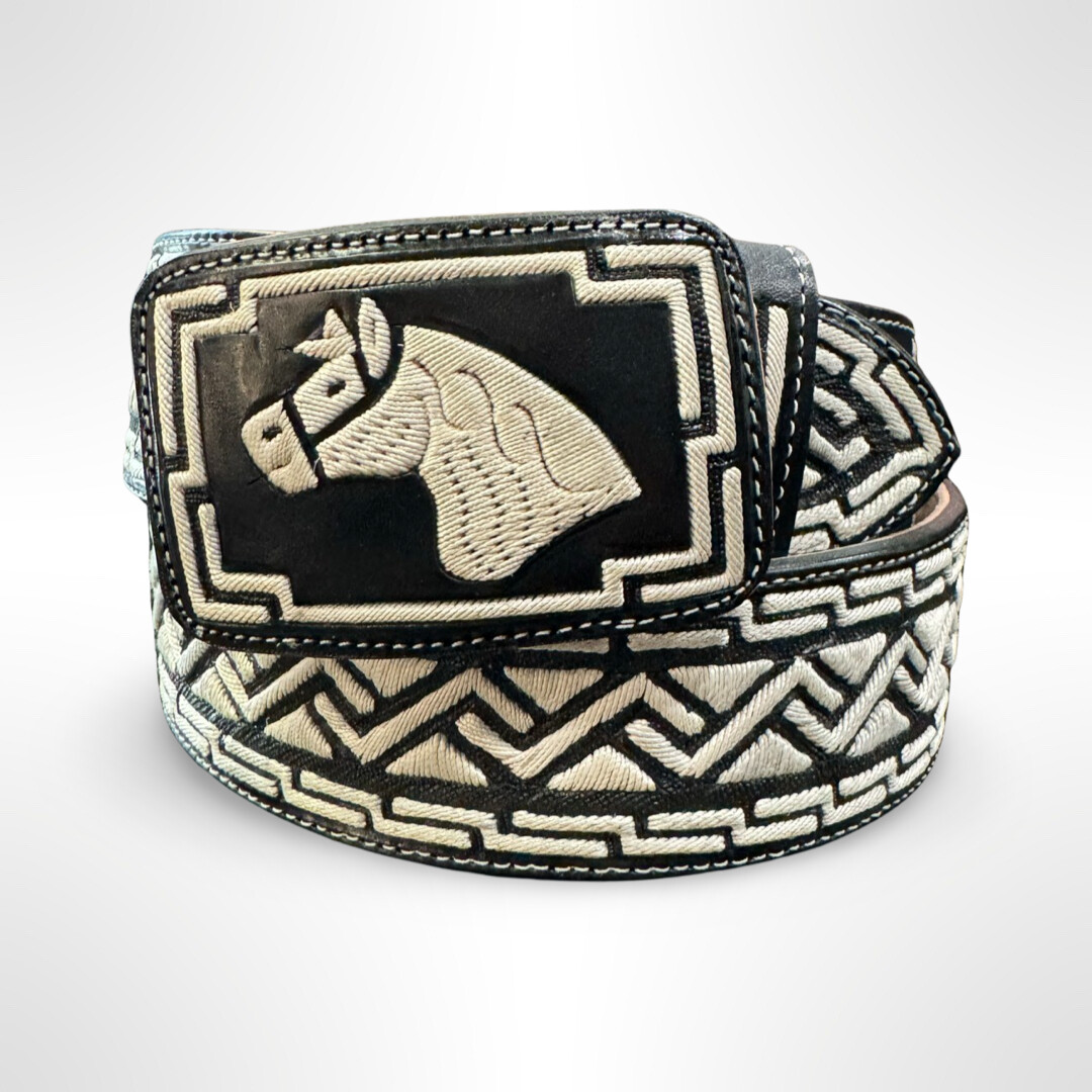 CINTO BORDADO A MANO CON PITA CORTE Y FORRO TERNERA ORIGINAL, Size: 34, Colour: BLACK