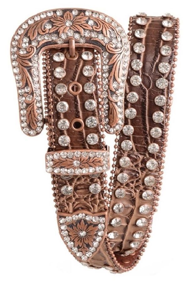 NOMAD CREEK BROWN 2 LINE RHINESTONE STUDDED LEATHER BELT 6556, Colour: BROWN, Size: SM