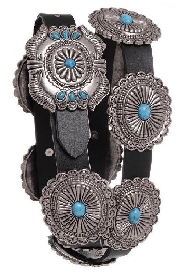NOMAD CREEK BLACK TURQUOISE ON CONCHO LEATHER BELT 6072, Colour: BLACK, Size: SM
