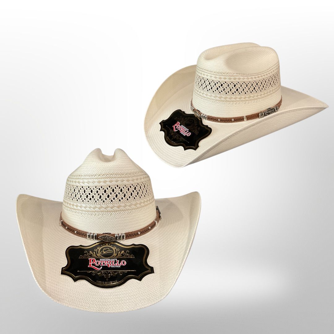 100X POTRILLO BICOLOR TEXAS CROWN: 4 3/8 BRIM: 3 7/8 STRAW HAT, Colour: NATURAL, Size: 6 3/4