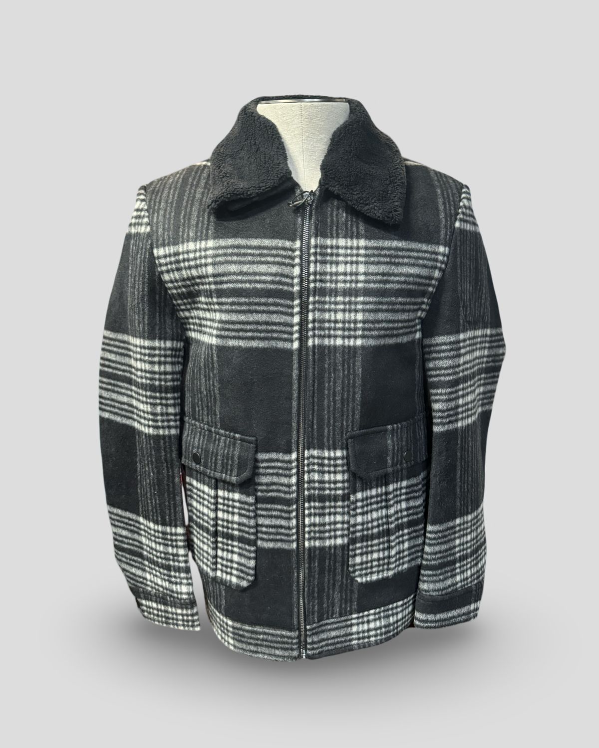DE NIKO MENS BUTTON UP JACKET PLAID WITH FUR TRIM MW-1535, Colour: BLACK, Size: S
