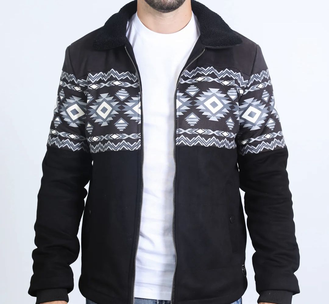 Mens Ethnic Aztec Fur Lined Quilted Suede Jacket AZJ10372, Colour: BLACK, Size: S