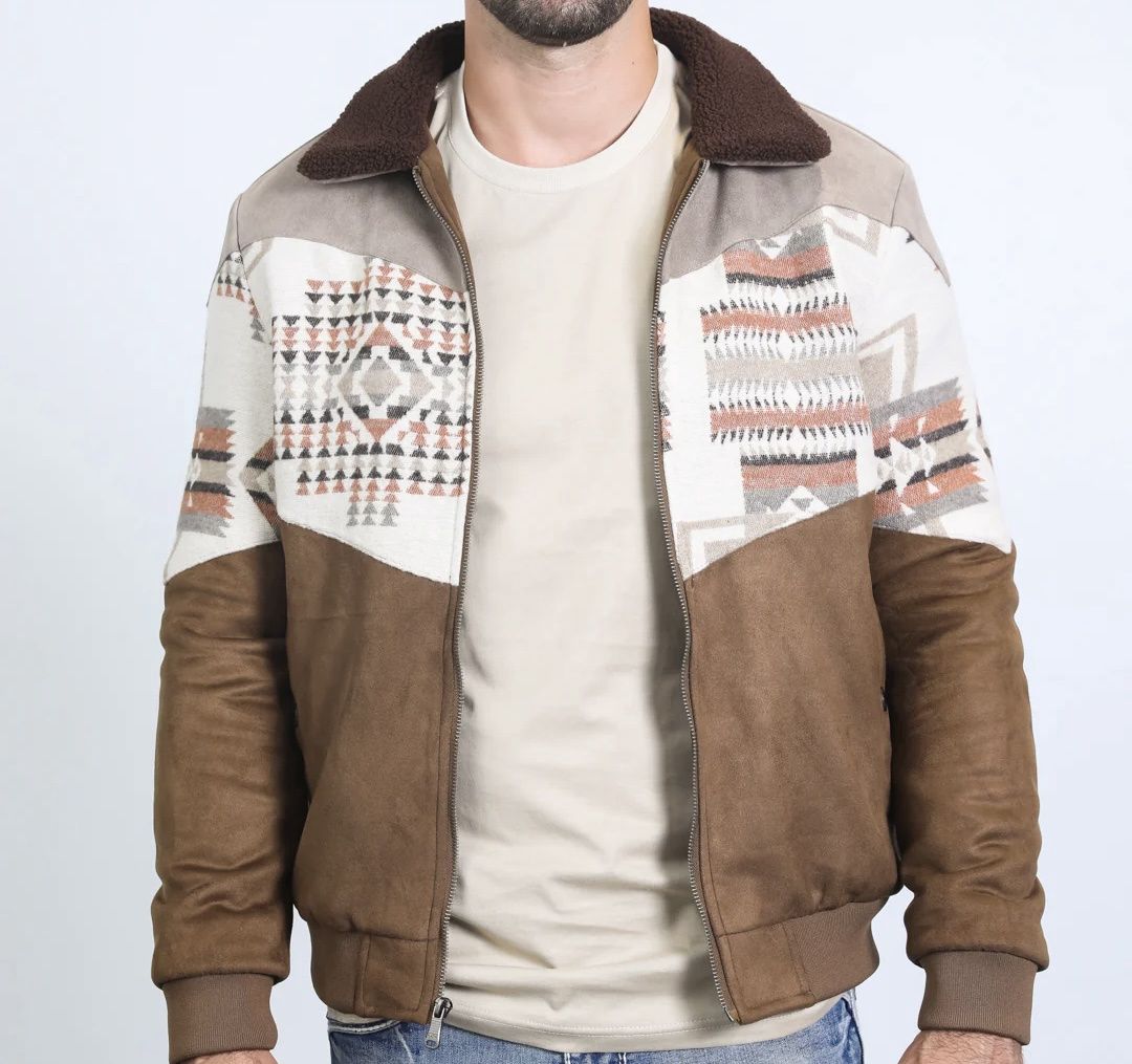 Mens Ethnic Aztec Quilted Twill Jacket W/Suede Accent AZJ10379 Mens Ethnic Aztec Quilted Twill Jacket W/Suede Accent AZJ10379, Colour: BROWN, Size: S