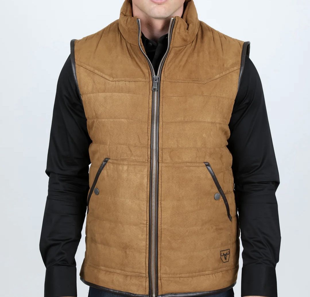 Men's Fur Lined Quilted Faux Suede Vest - VST9395 Men's Fur Lined Quilted Faux Suede Vest - VST9395, Colour: CAMEL, Size: S