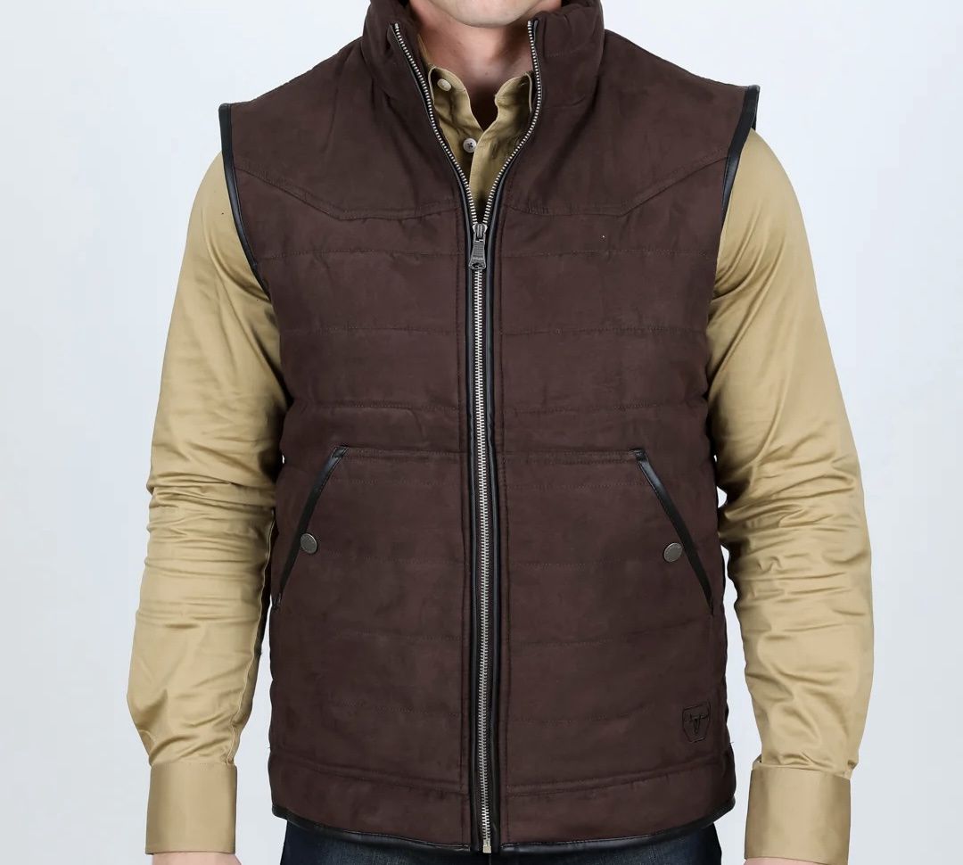 Men's Fur Lined Quilted Faux Suede Vest - VST9396, Colour: DARK BROWN, Size: S