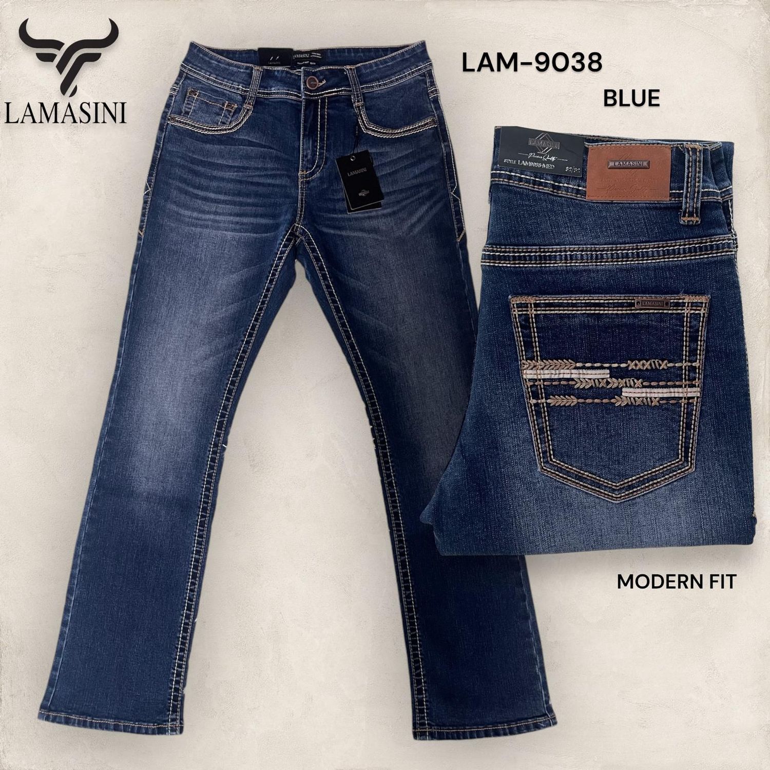 MENS LAMASINI MODERN BOOT CUT JEANS LAM9038, Colour: BLUE, Size: 28/30