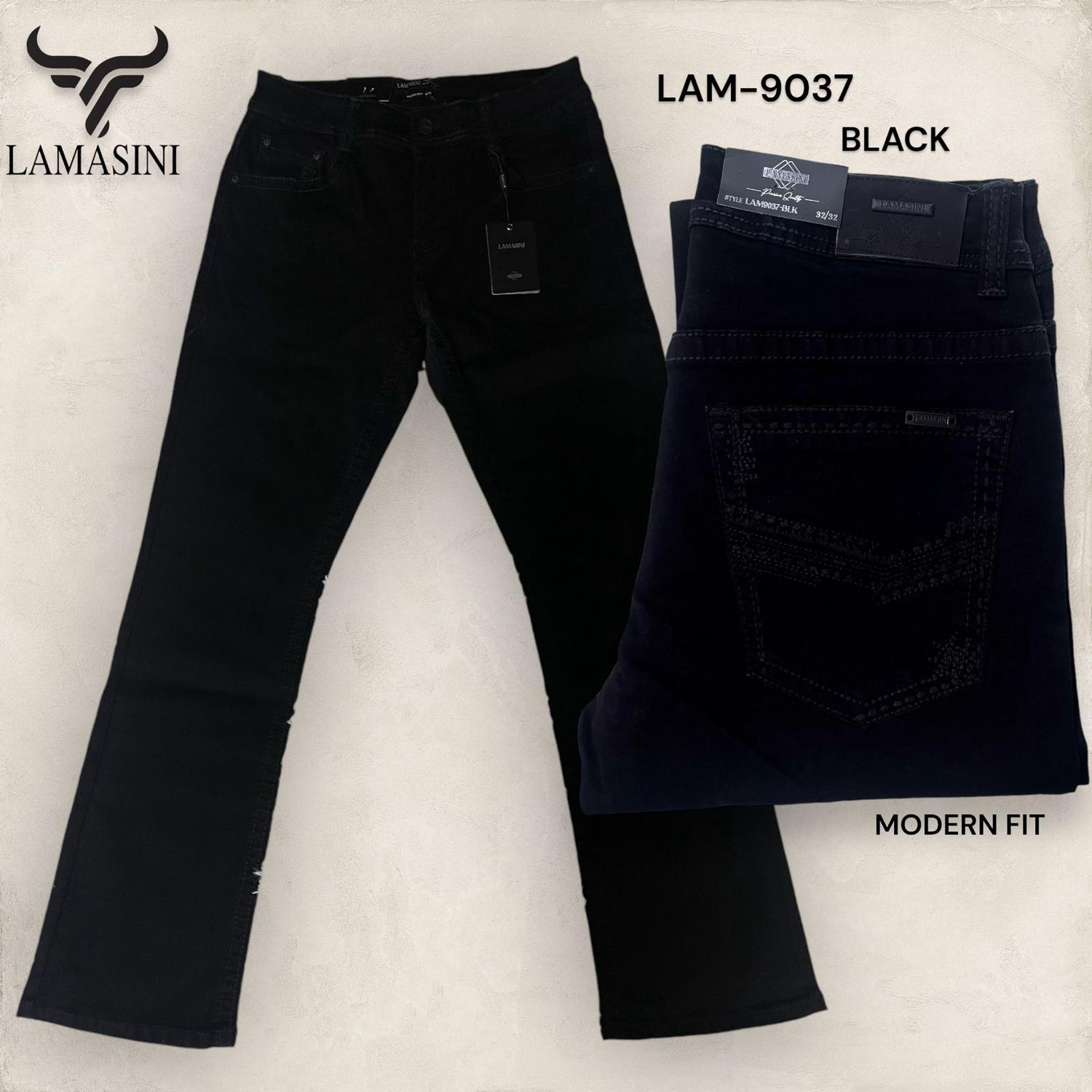 MENS LAMASINI MODERN BOOT CUT JEANS LAM9037, Colour: BLACK, Size: 28/30