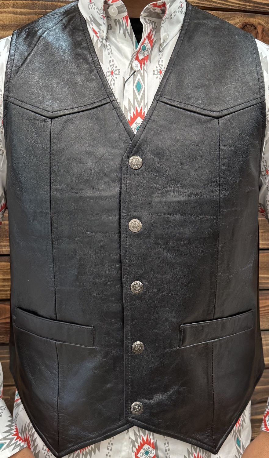 AJ WESTERN WEAR LAETHER MENS VEST, Colour: Black, Size: S