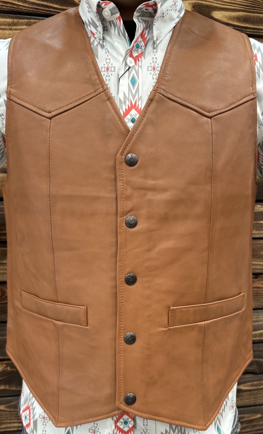 AJ WESTERN WEAR LAETHER MENS VEST,, Colour: Cognac, Size: S