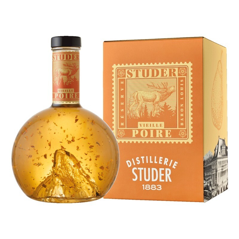 Premium Vieille Poire in Matterhornflasche mit Goldflitter 70cl