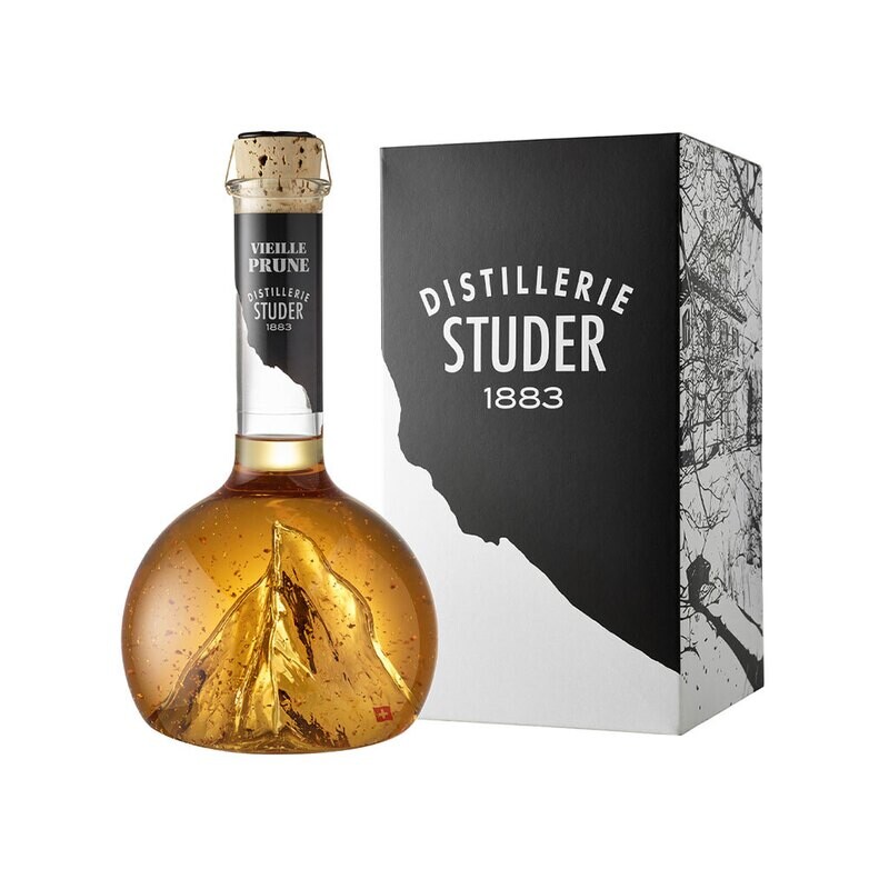 Vieille Prune in mundgeblasener Matterhornflasche mit Goldflitter 80cl