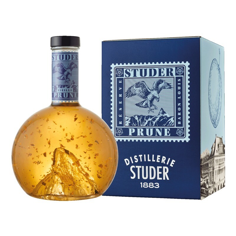 Premium Vieille Prune in Matterhornflasche mit Goldflitter 70cl