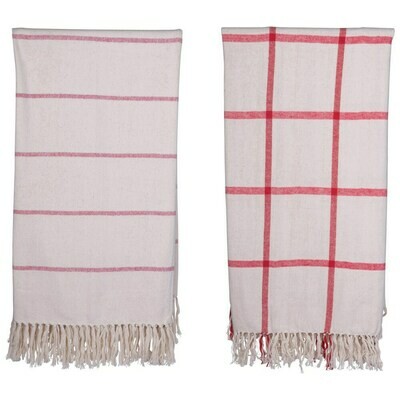 Throw- Brushed Cotton w/ Pattern & Fringe, Red & Cream Color