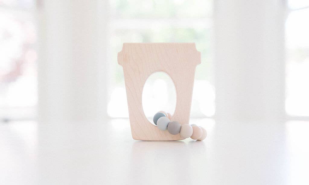 Coffee Cup Grasping Wooden Baby Toy with Teething Beads