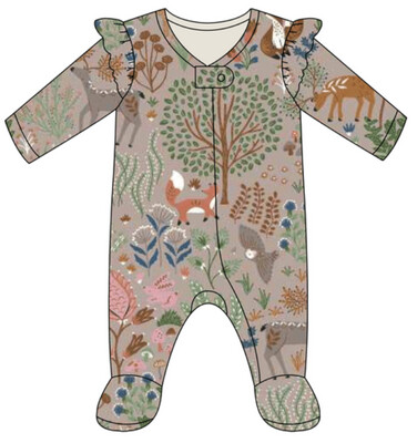 6-9m Boho Woodland Bamboo Footie with Ruffles SHIPPING 9/15
