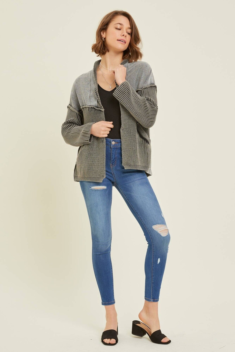 WESTERN WASHED TERRY CARDIGAN WITH CABLE KNIT SWEATER