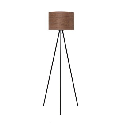 Modern Metal Tripod Walnut Wood Shade, Natural and Black Floor Lamp