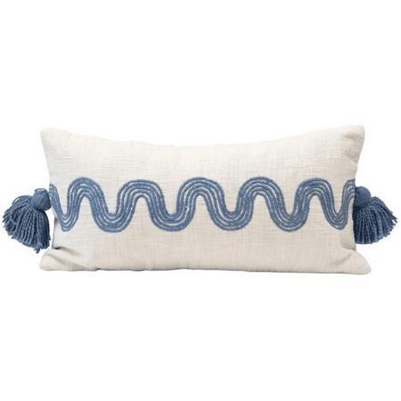 Pillow - Lumbar Embroidered Curved Pattern &amp; Tassels,