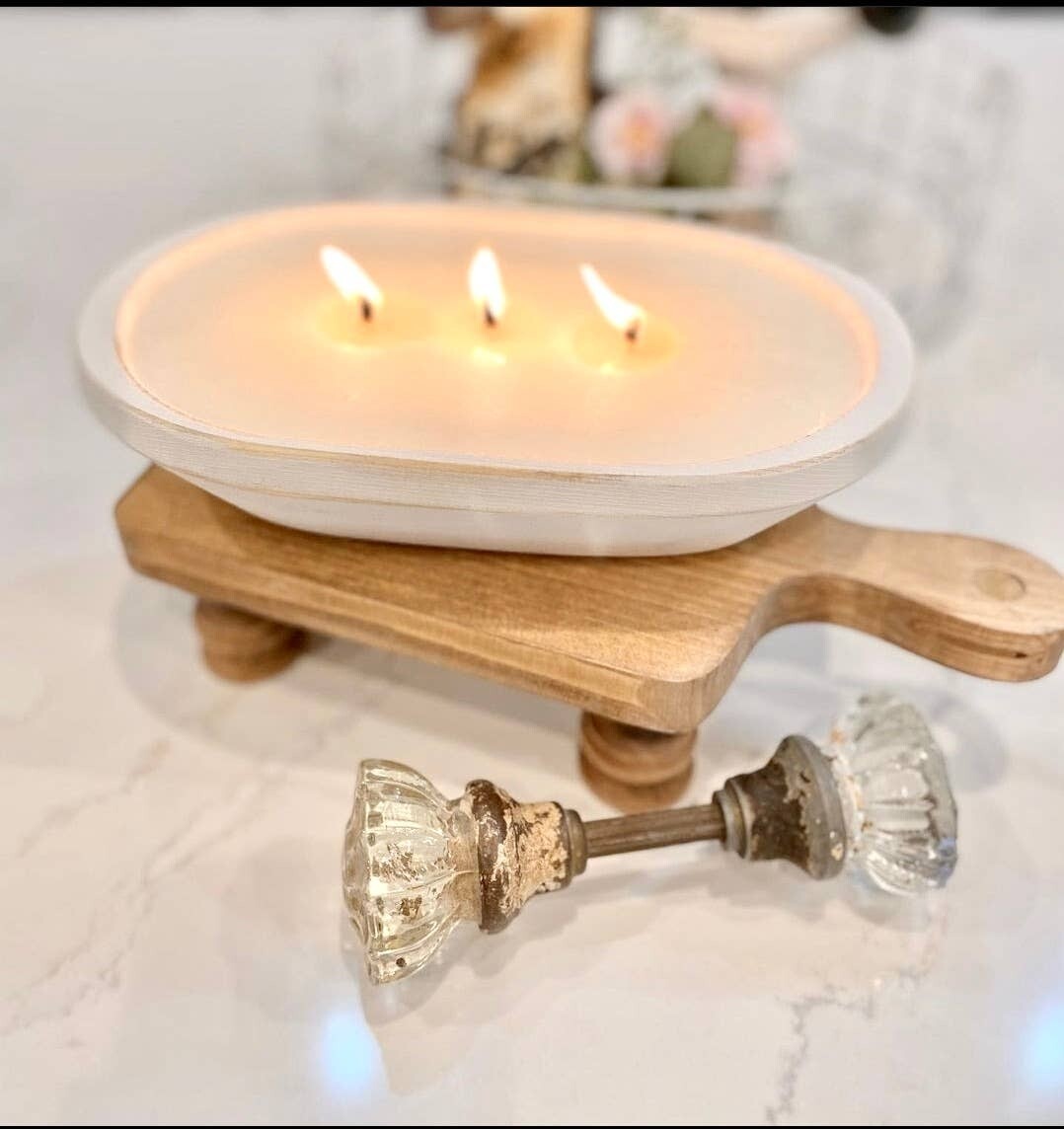 3 Wick White Wood Dough Bowl Soy Candle