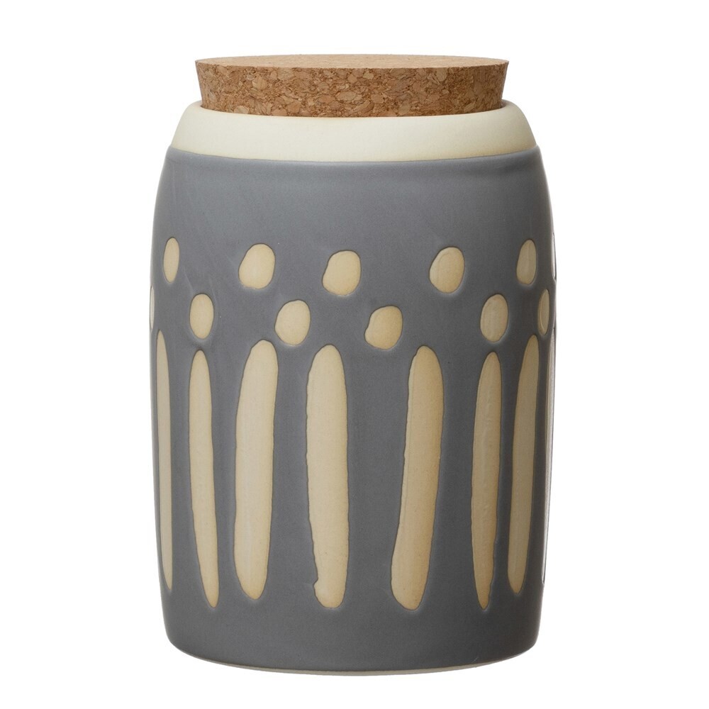 Debossed Stoneware Canister w/ Pattern &amp; Cork Lid, Grey