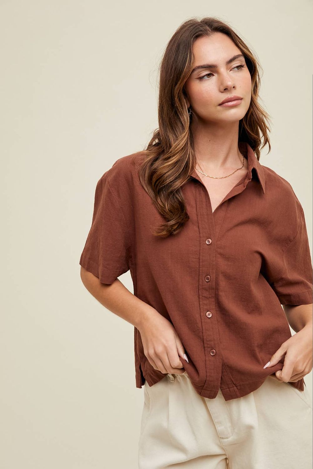 BOXY LINEN BUTTON-UP BLOUSE