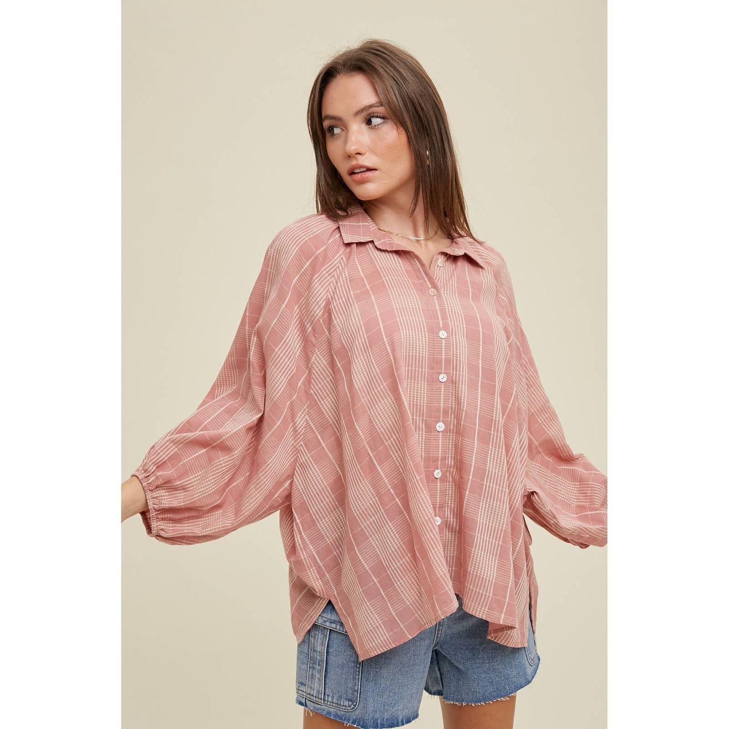 PLAID DROP SHOULDER BLOUSE