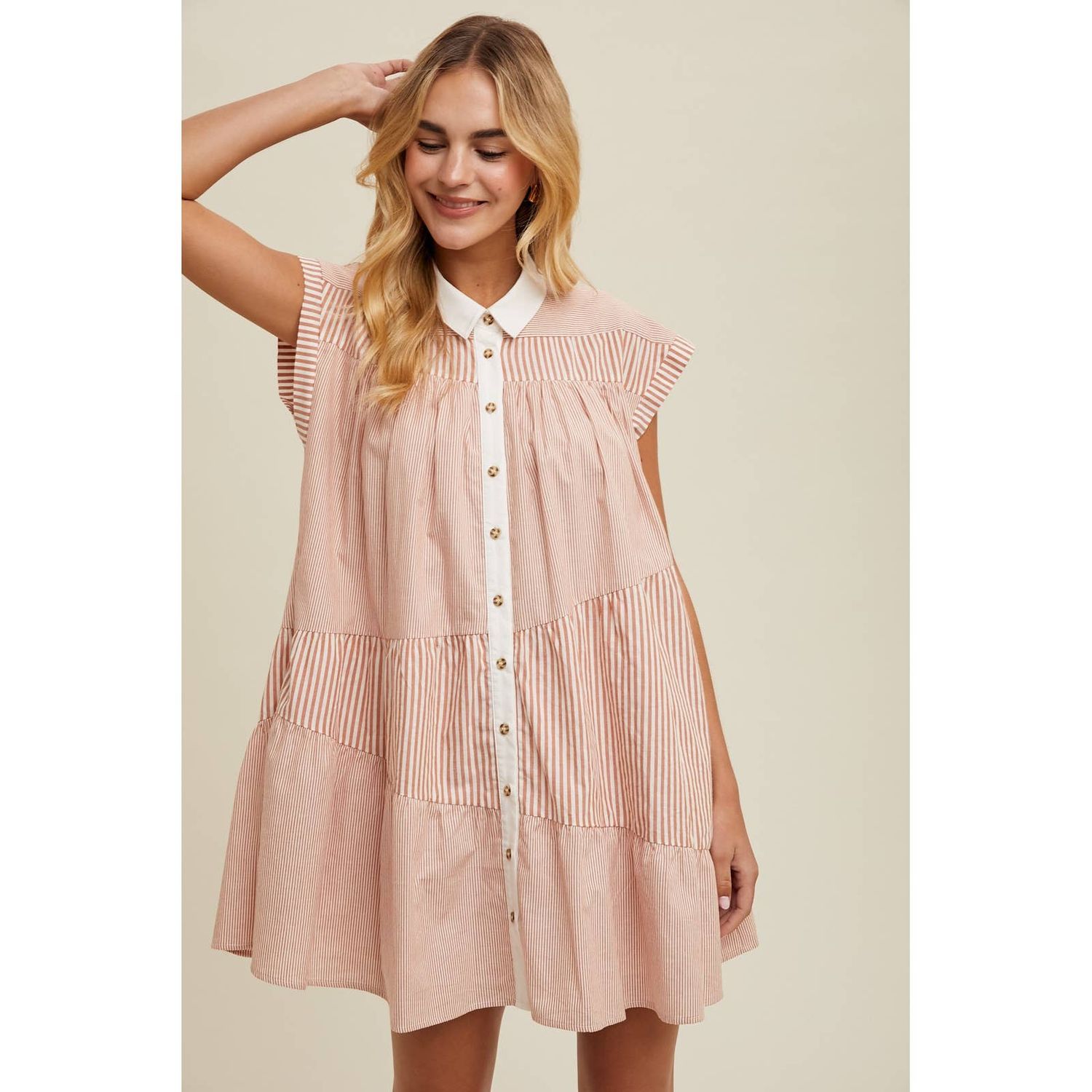 MULTI-STRIPED BUTTON-UP MINI DRESS