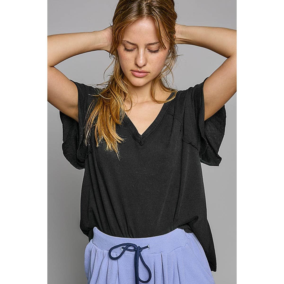 V-neck ruffle short sleeve solid basic cotton top