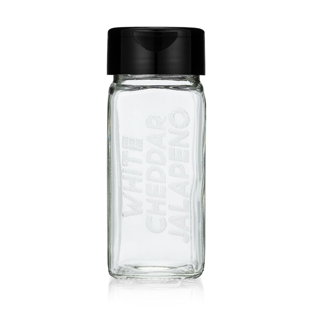 Empty &amp; Etched Glass Spice Jar - WHITE CHEDDAR