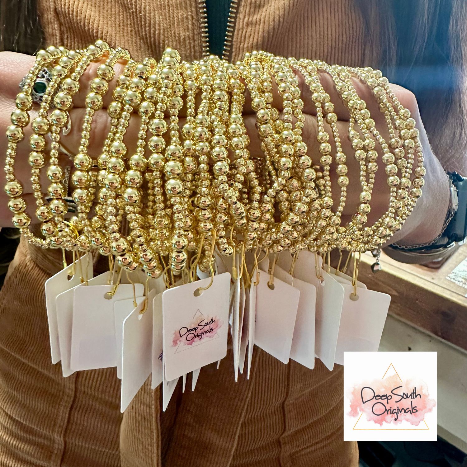 Grace 18K Gold Plated Brass Stretch Bracelet, Color: 8mm + 3mm alternating beads