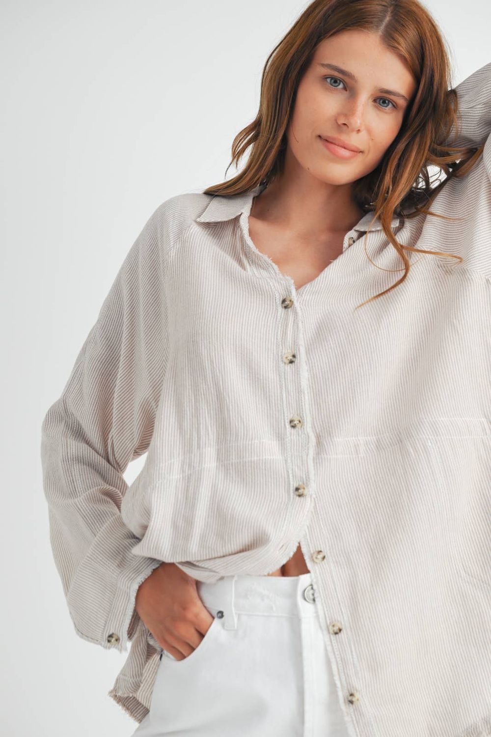 STRIPED SHIRT WITH DISTRESSED DETAIL, Size: S/M, Color: TAUPE