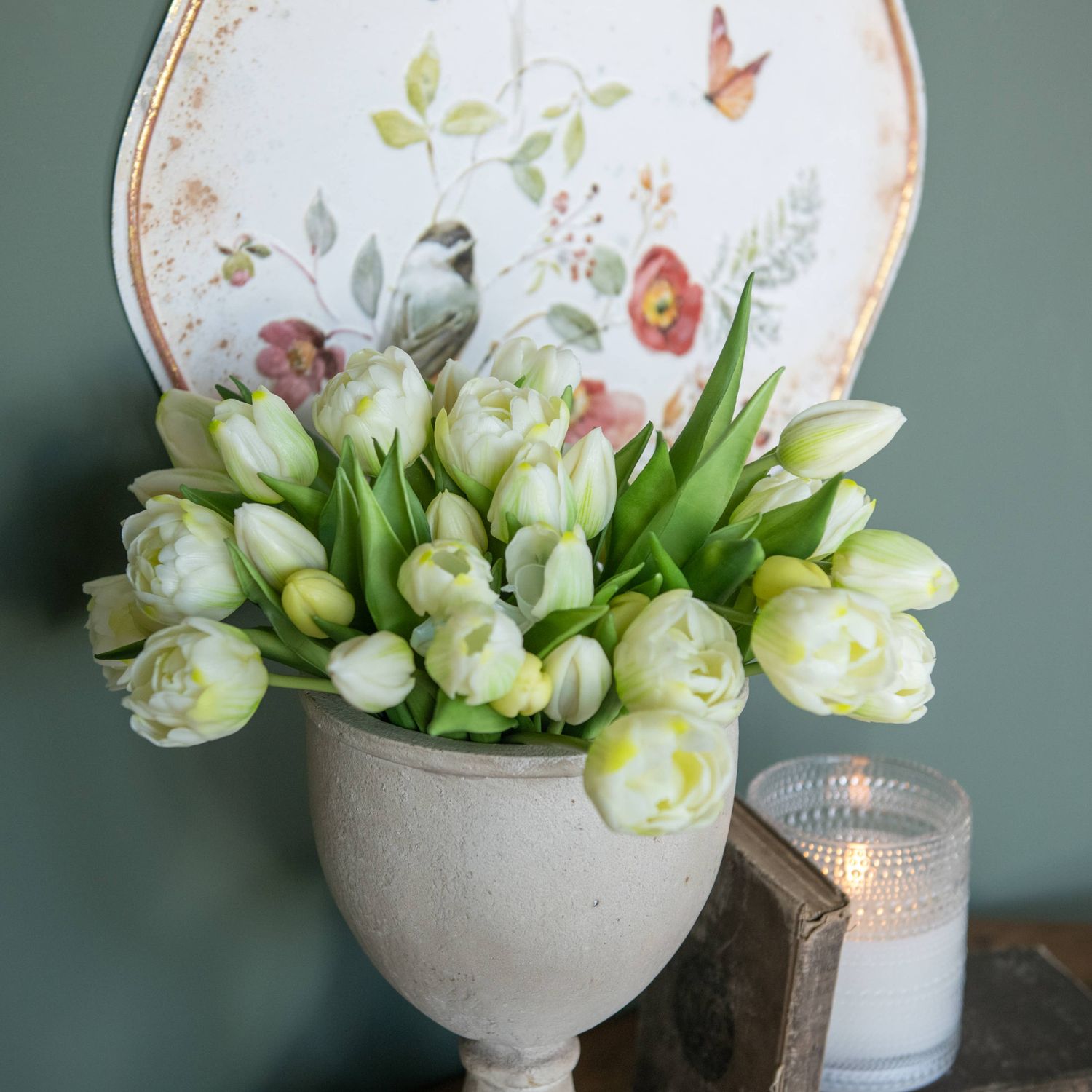 9.5&quot; GREEN &amp; WHITE TULIP BUSH